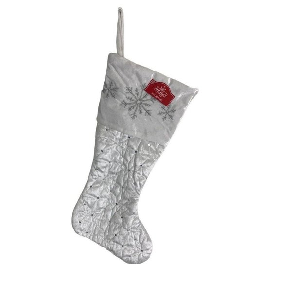 Holiday Time 19” White Quilted Embroidered Silver Snowflake Christmas Stocking - Picture 2 of 7